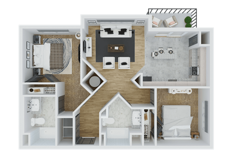 a 3d floor plan of a bedroom with a bathroom and a living room